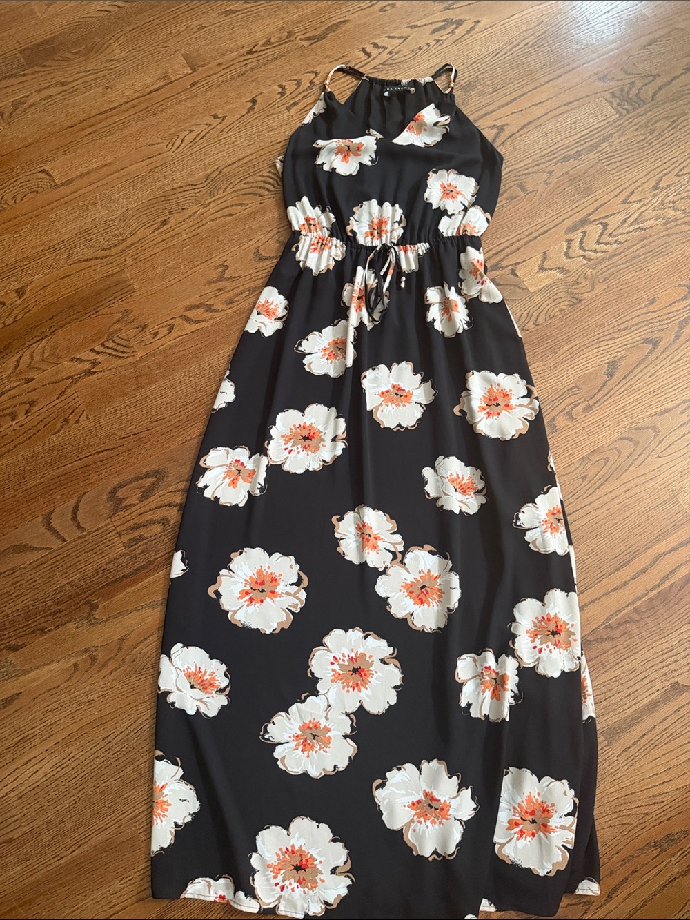 Ivanka Trump Women’s Black Floral Maxi Dress with White and Orange Blooms Sz 8